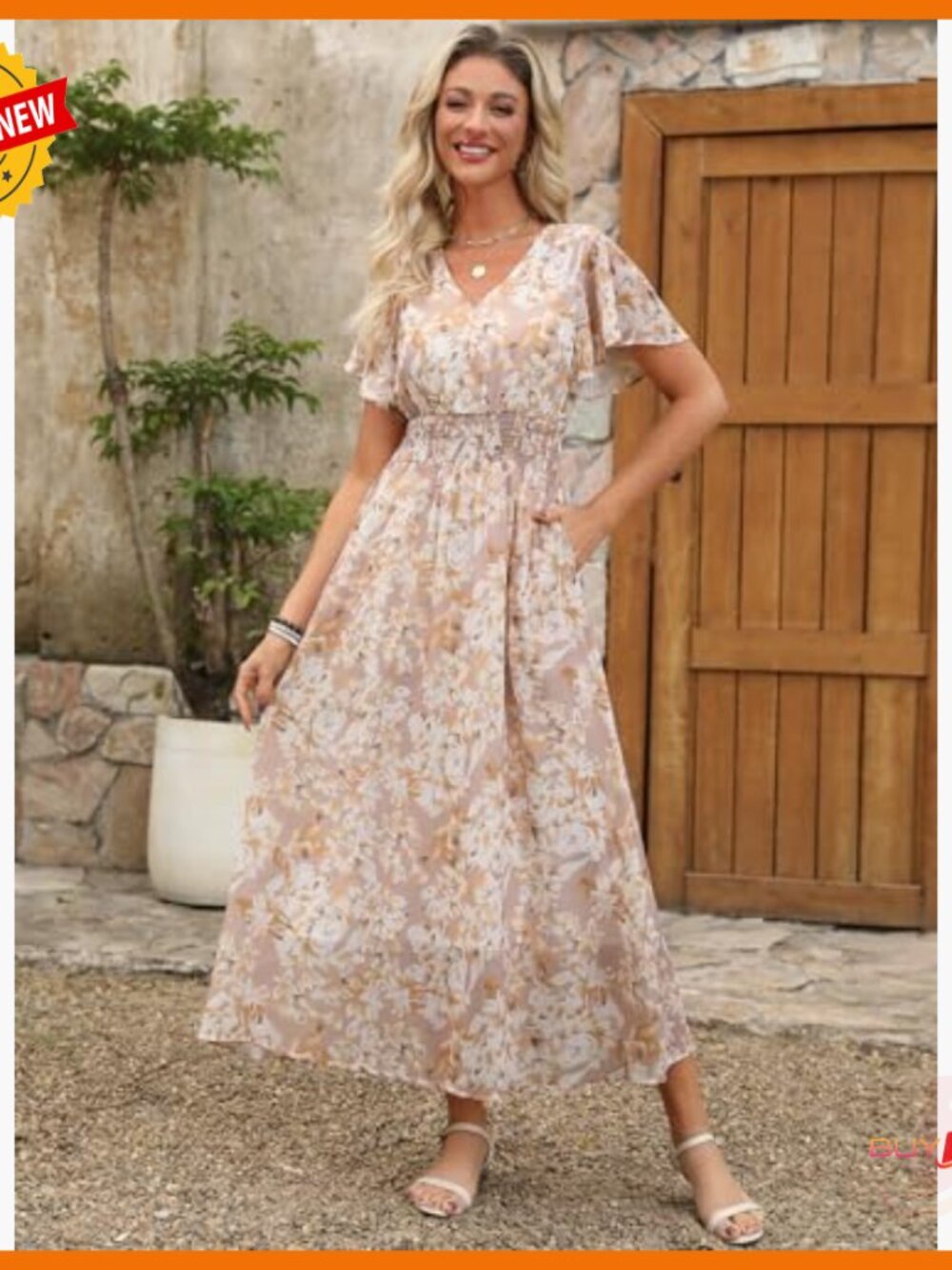 Summer Floral Maxi Dress V Neck Short Sleeve Chiffon Boho Beach Wedding Guest - Picture 2 of 7